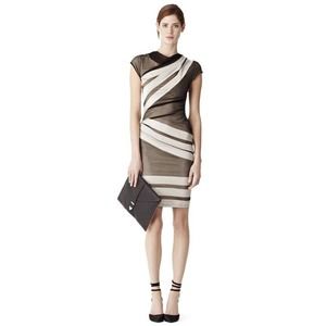 REISS Alexie Dress Mesh Black Beige Sheath Striped Cap Sleeve Ruched 2 X…